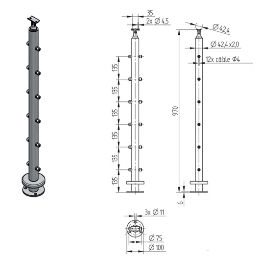 Poteau Intermédiaire Câble 4mm Inox – Ref. 14 - photo