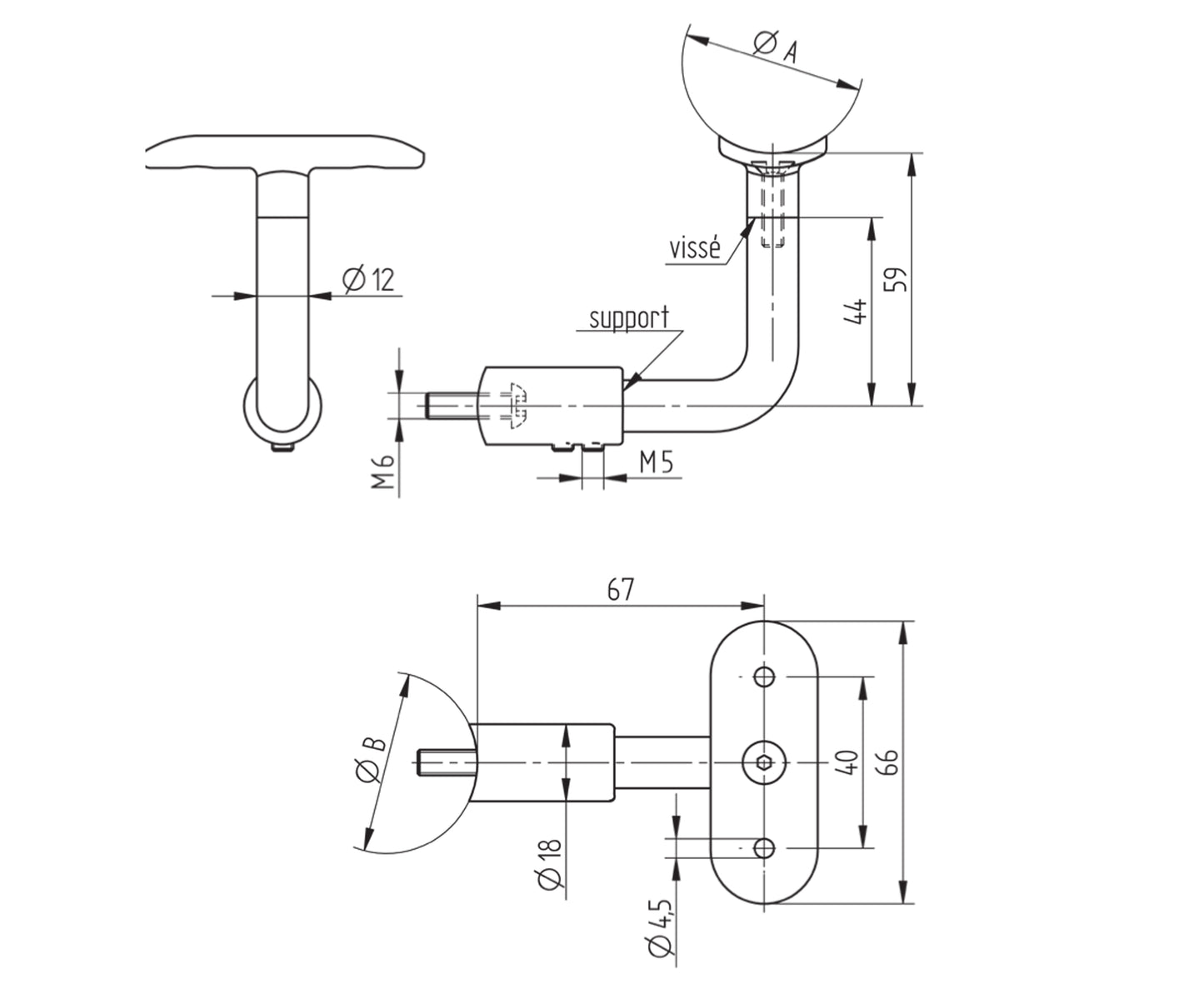 Support de Main Courante Inox – Support rapide – Ref. 37 - schema