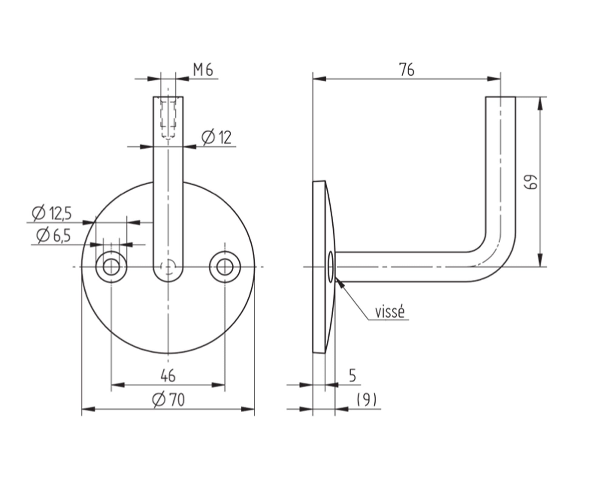 Support de Main Courante Inox – Support sol rond – Ref. 21 - schema