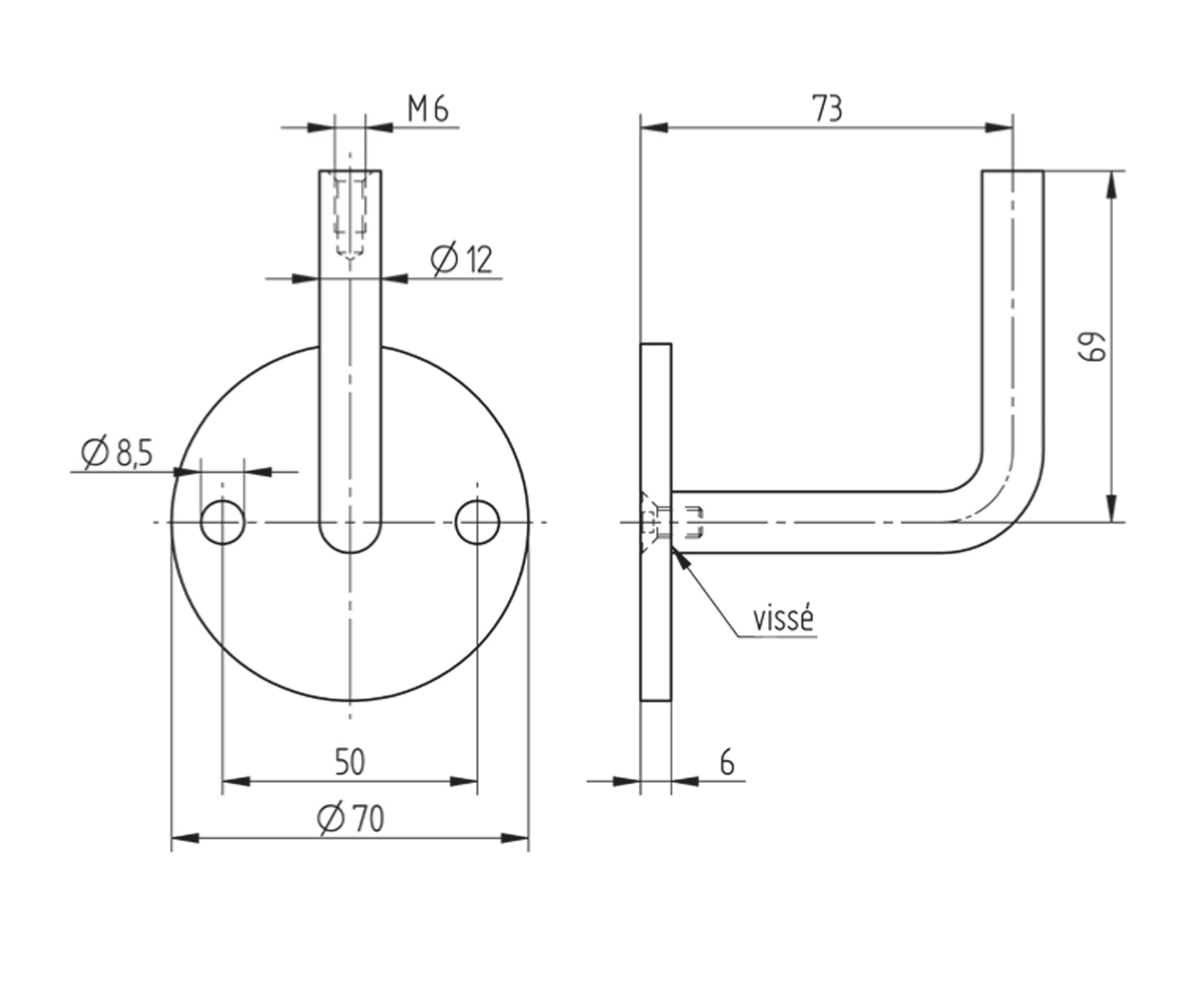 Support de Main Courante Inox – Support mural profilé – Ref. 16 - schema