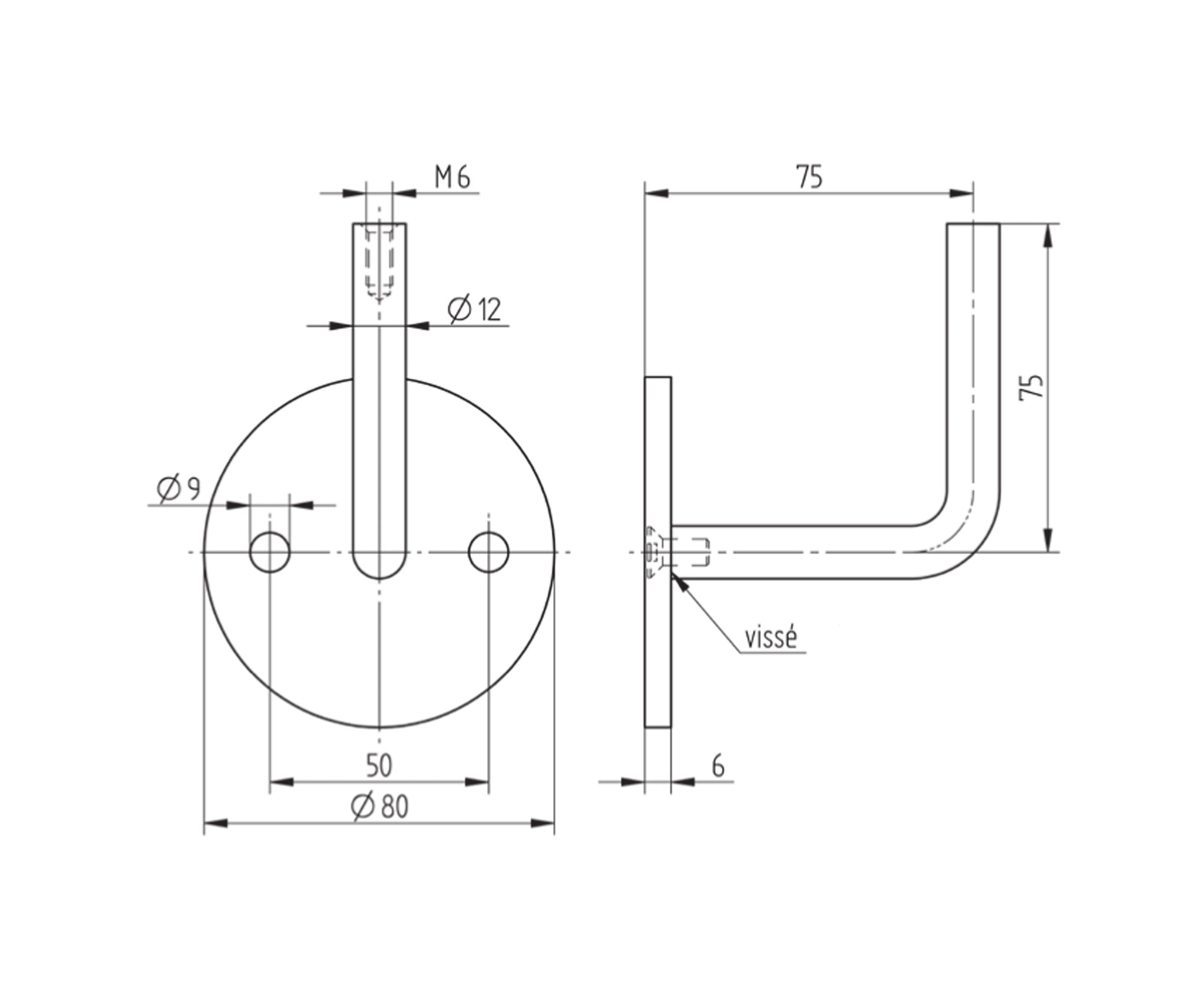 Support de Main Courante Inox – Support mural double – Ref. 10 - schema