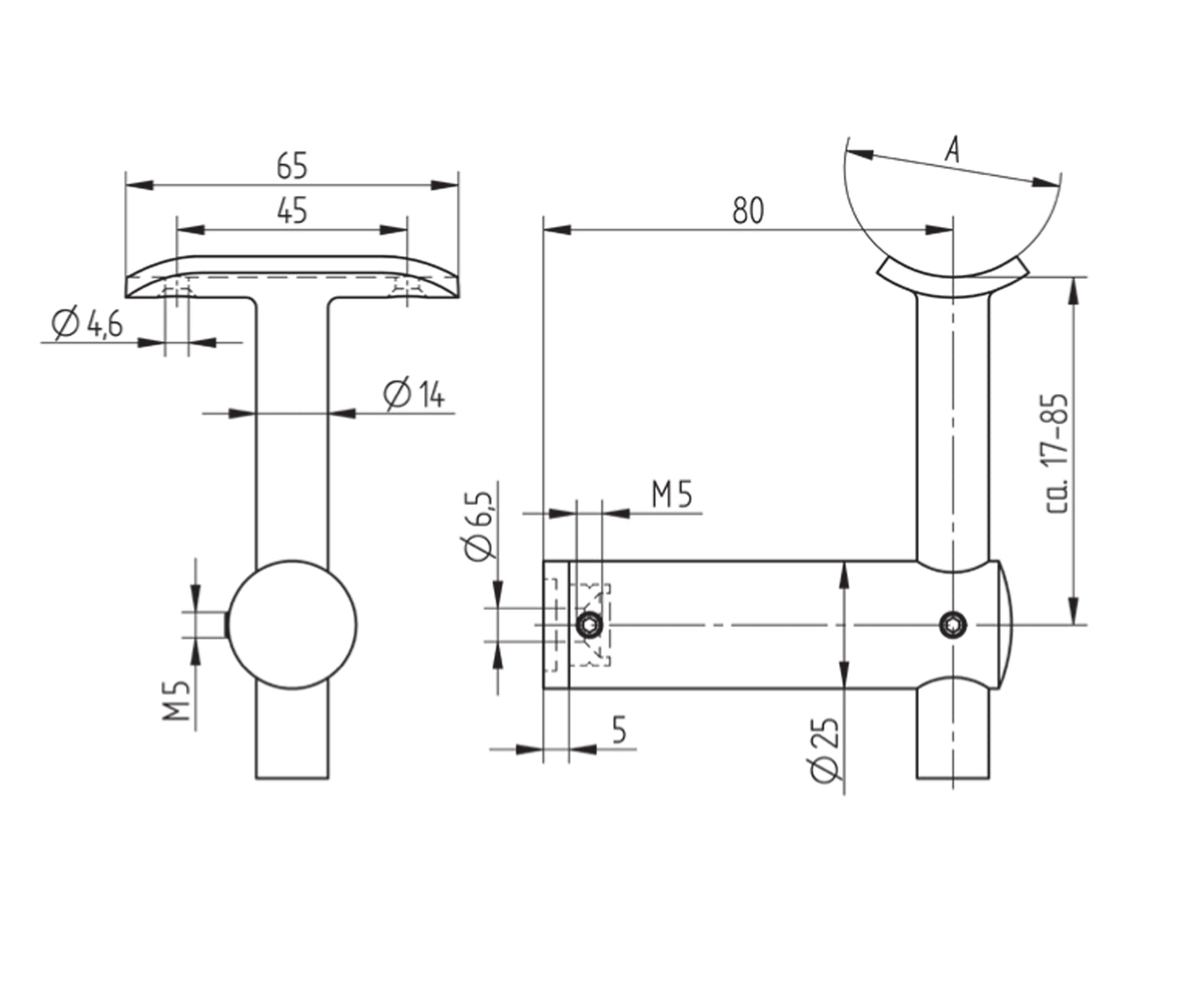 Support de Main Courante Inox – Support traversant – Ref. 35 - schema