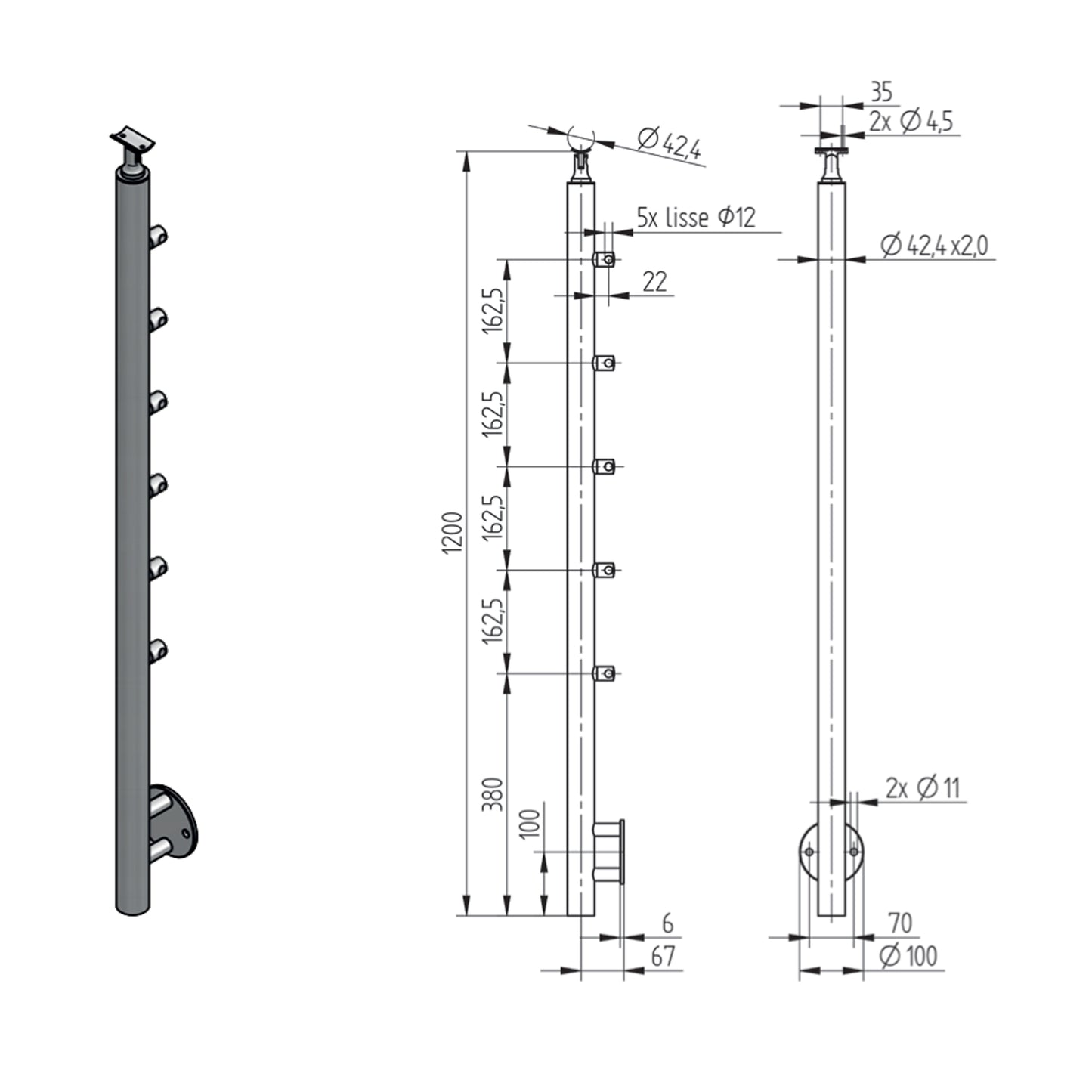 Poteau 6 Lisses Fixation Latérale Inox – Ref. 41 - photo