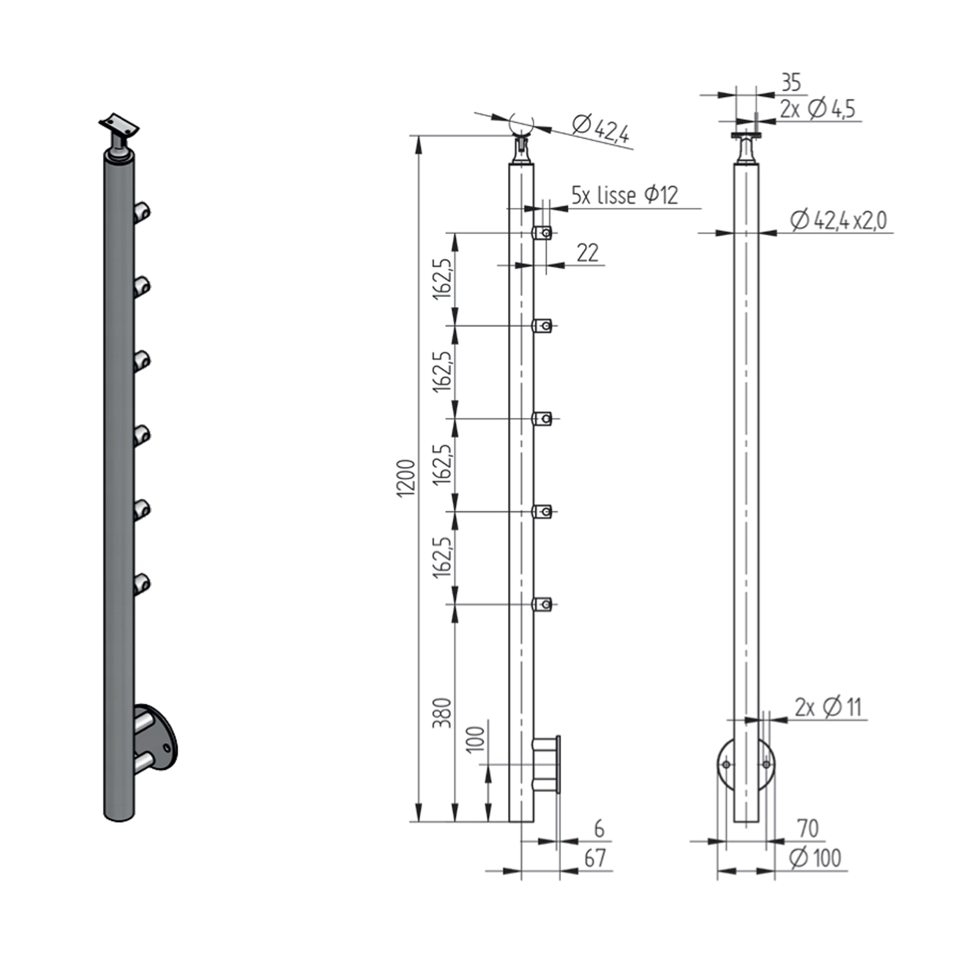 Poteau 6 Lisses Fixation Latérale Inox – Ref. 41 - photo
