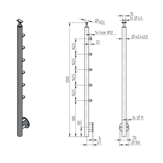 Poteau 6 Lisses Fixation Latérale Inox – Ref. 41 - photo