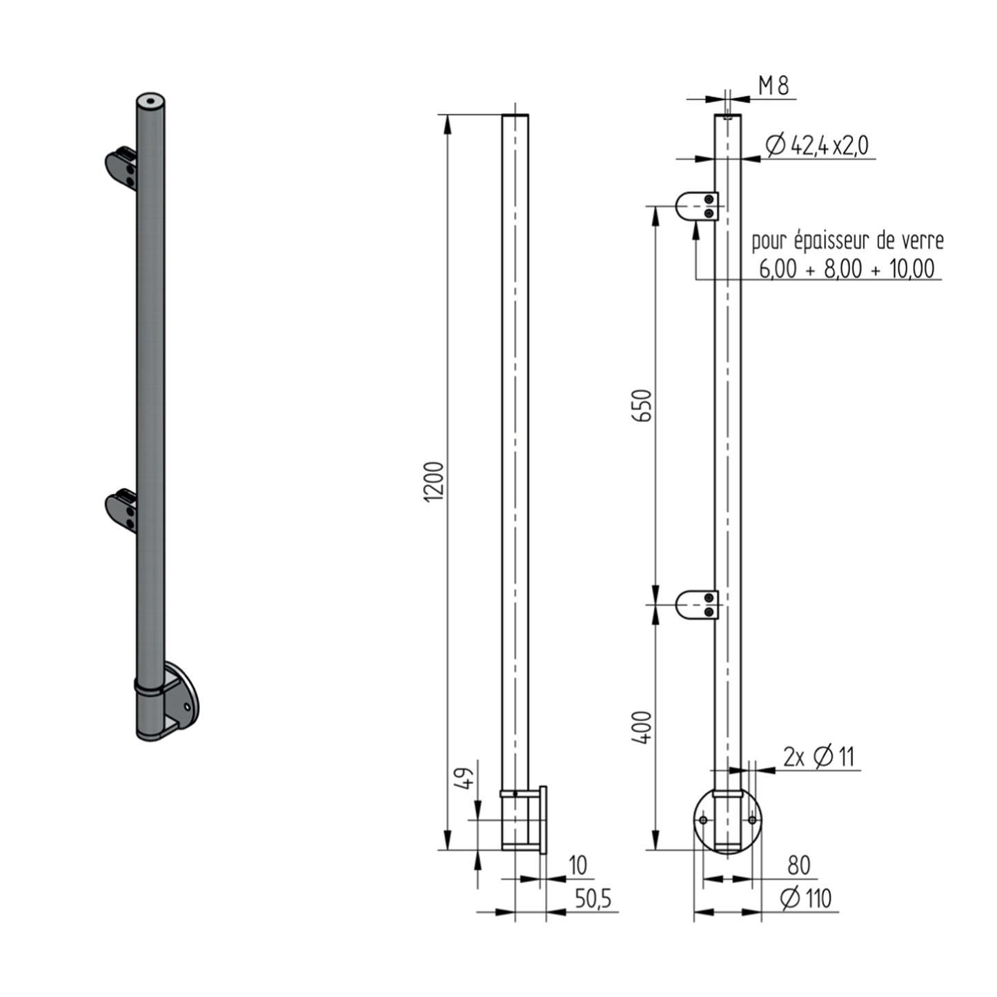 Poteau d'Extrémité Pinces Verre Fixation Lat. Inox – Ref. 42 - photo