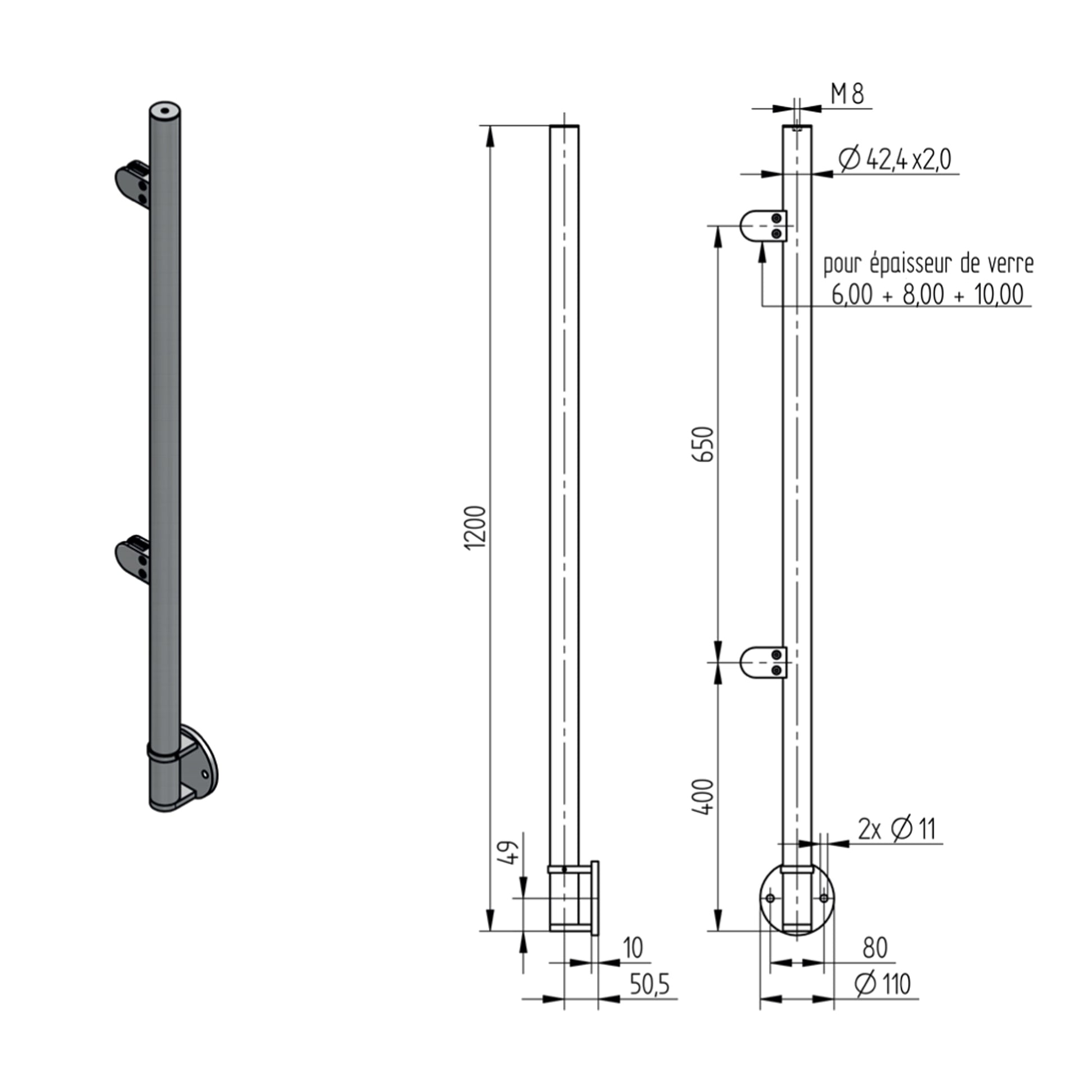 Poteau d'Extrémité Pinces Verre Fixation Lat. Inox – Ref. 42 - photo