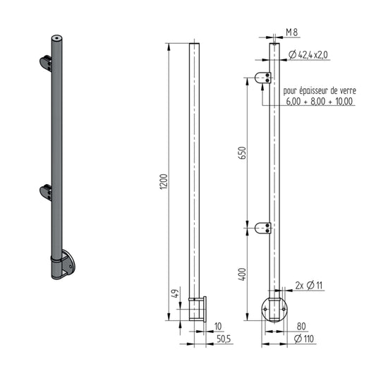 Poteau d'Extrémité Pinces Verre Fixation Lat. Inox – Ref. 42 - photo