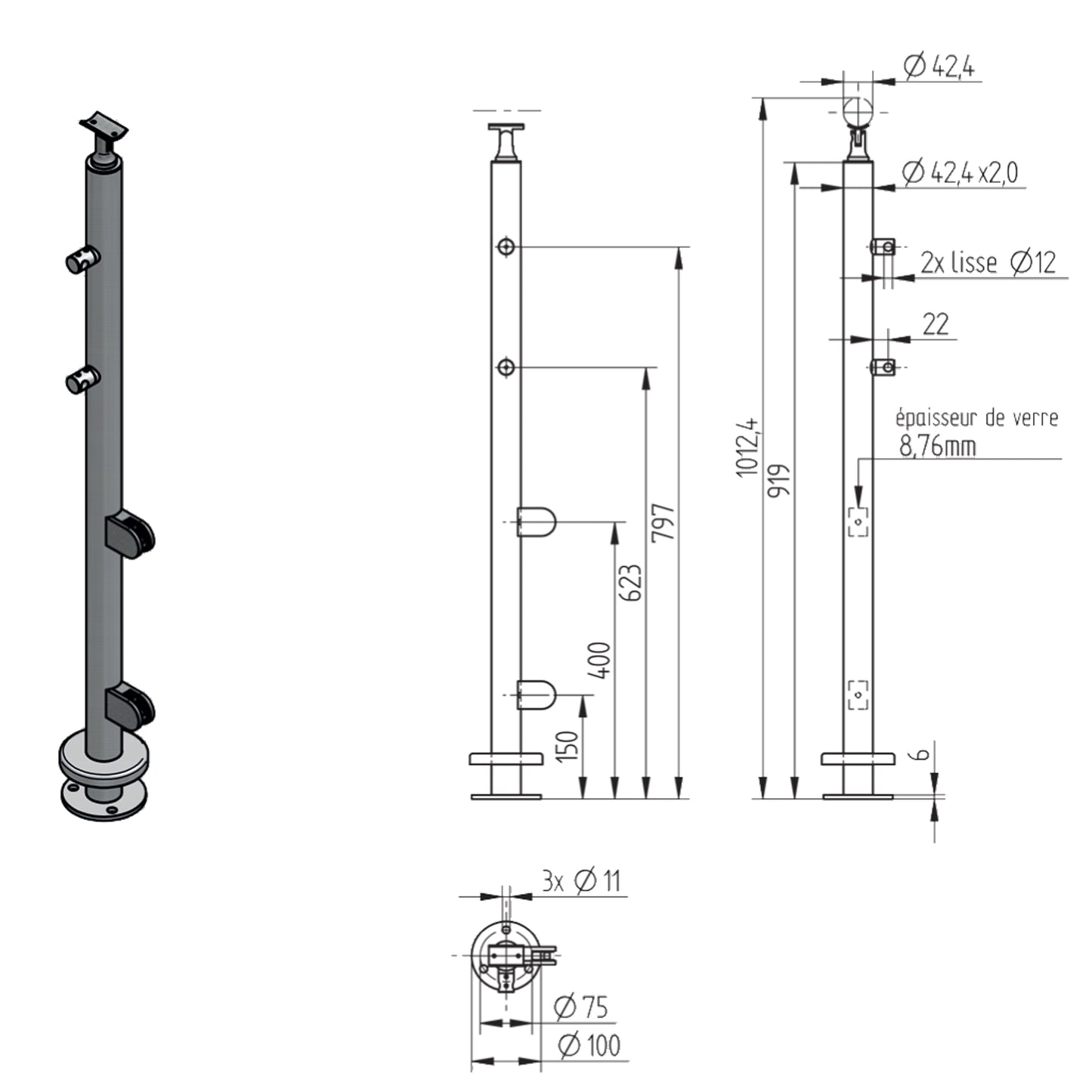 Poteau Intermédiaire Pinces Verre 2 Lisses Inox – Ref. 21 - photo