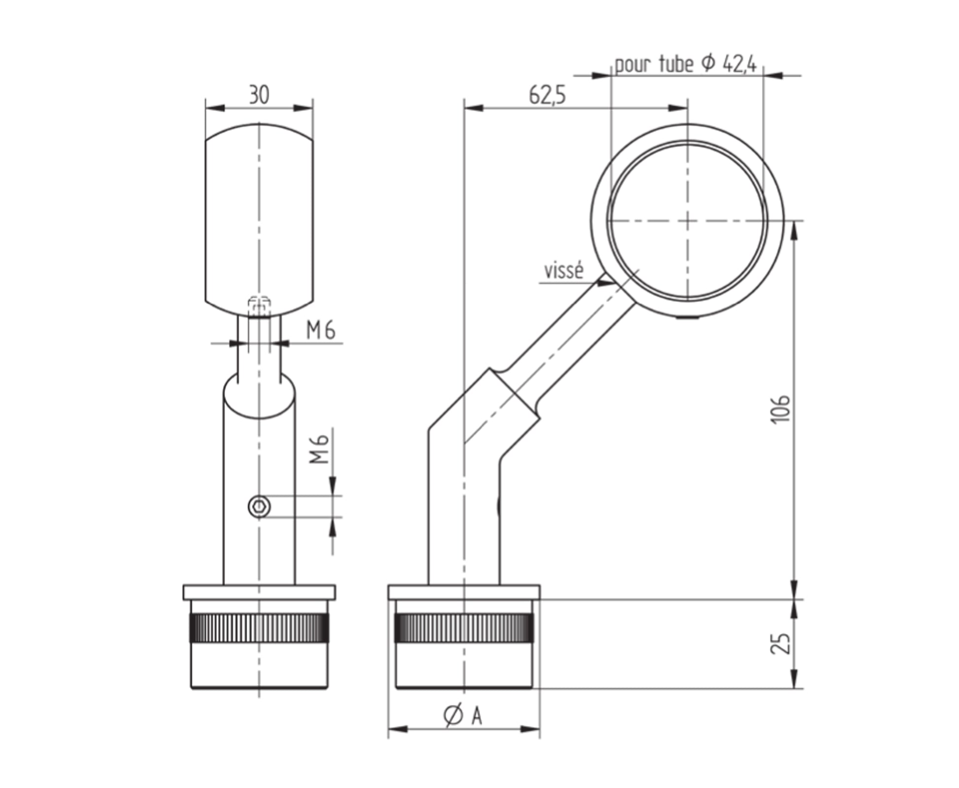 Support de Main Courante Inox – Support pivotant 360° – Ref. 69 - schema