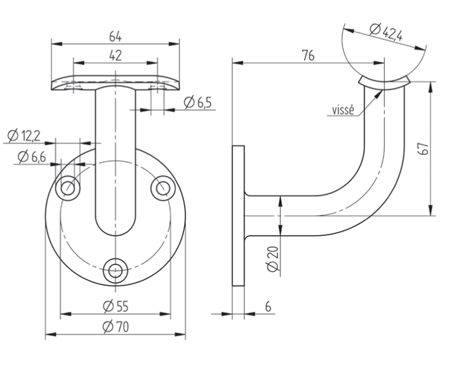 Support de Main Courante Inox – Support mural simple – Ref. 01 - schema