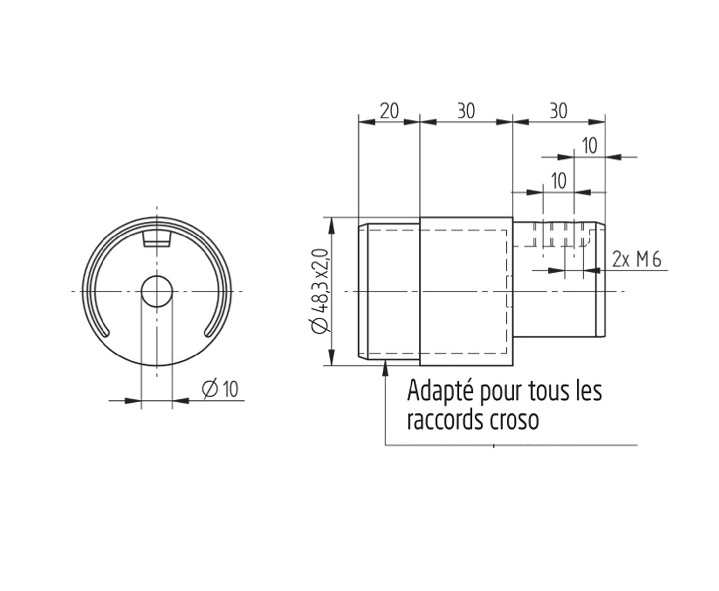 Raccord Inox – Raccord pince verre rond – Ref. 58 - schema