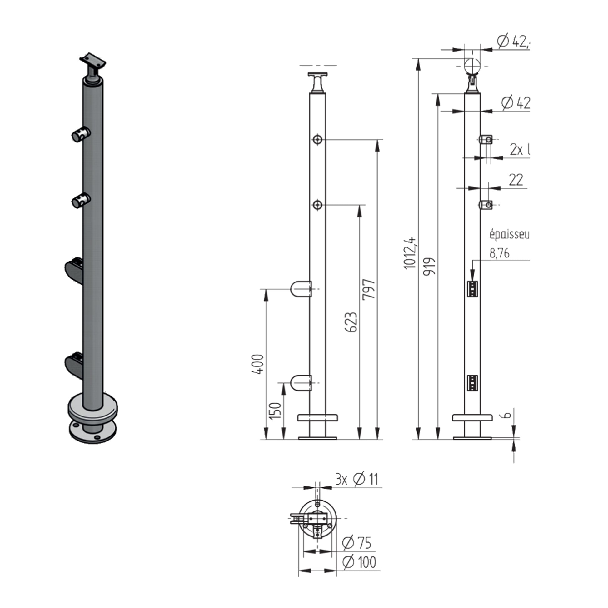 Poteau Intermédiaire Inox – Ref. 20 - photo