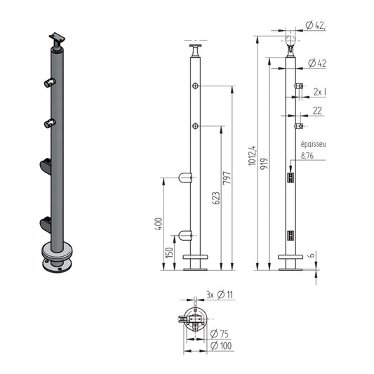 Poteau Intermédiaire Inox – Ref. 20 - photo