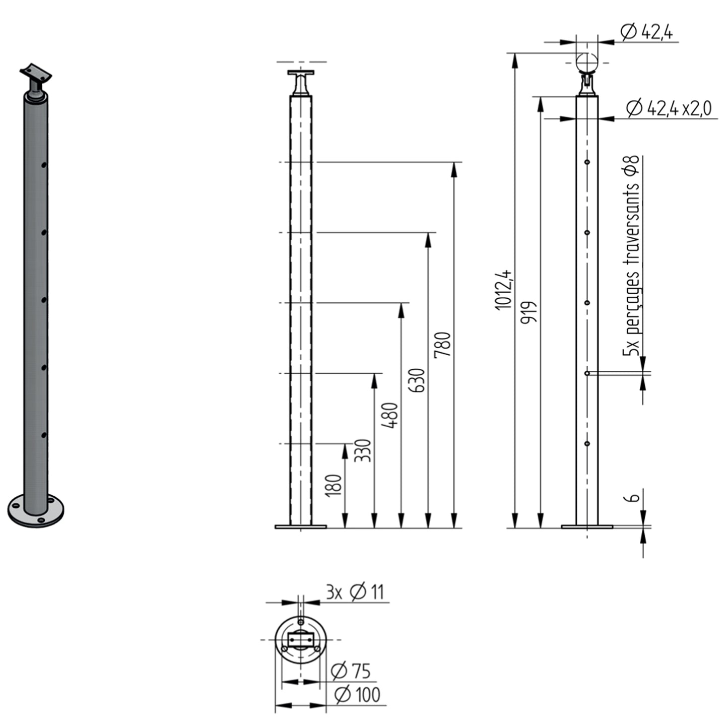 Poteau Intermédiaire sur Platine Inox – Ref. 05 - photo