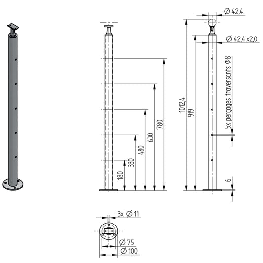 Poteau Intermédiaire sur Platine Inox – Ref. 05 - photo