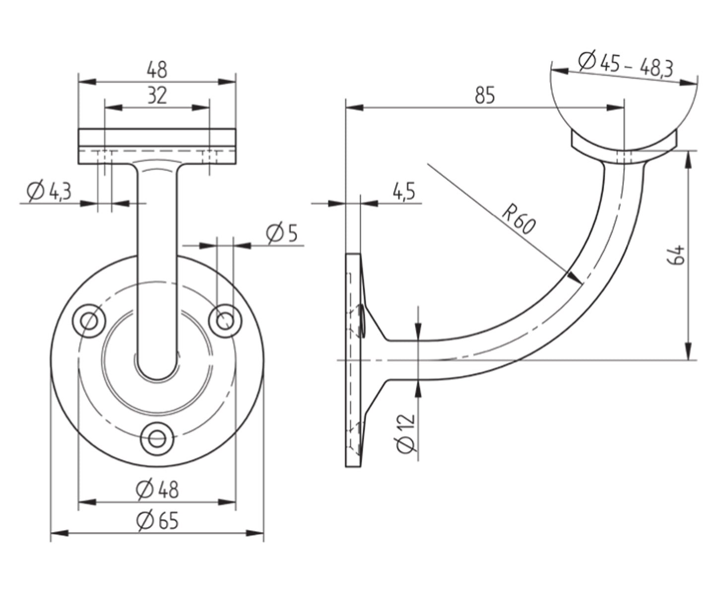 Support de Main Courante Inox – Support mural carré – Ref. 05 - schema