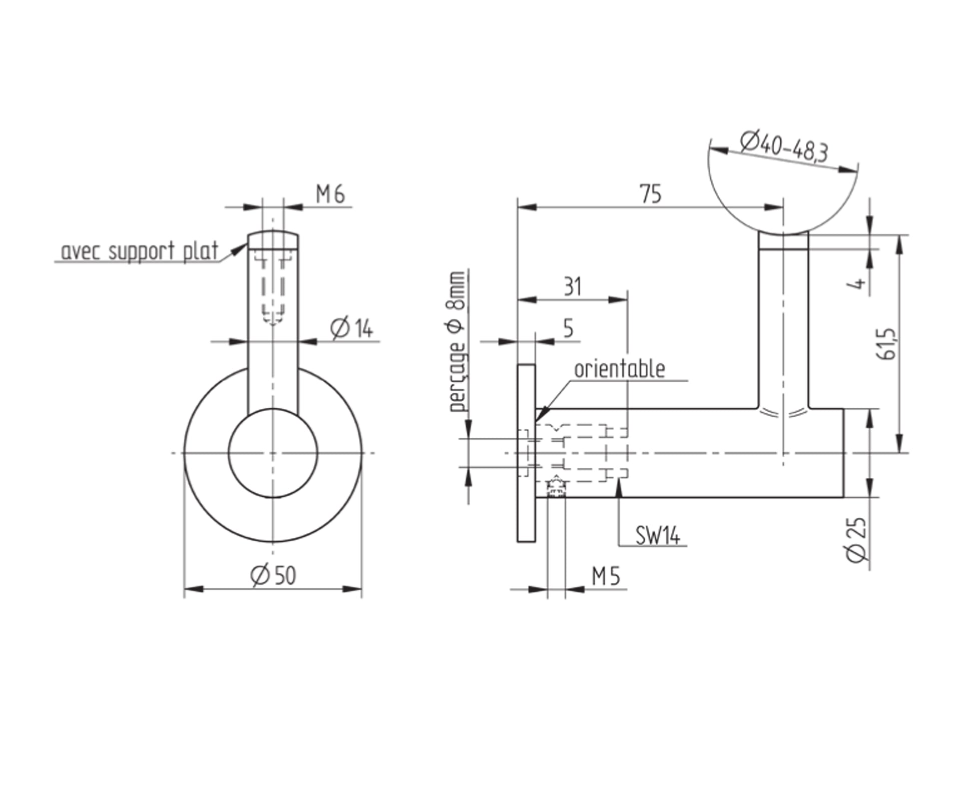Support de Main Courante Inox – Support extrémité design – Ref. 32 - schema
