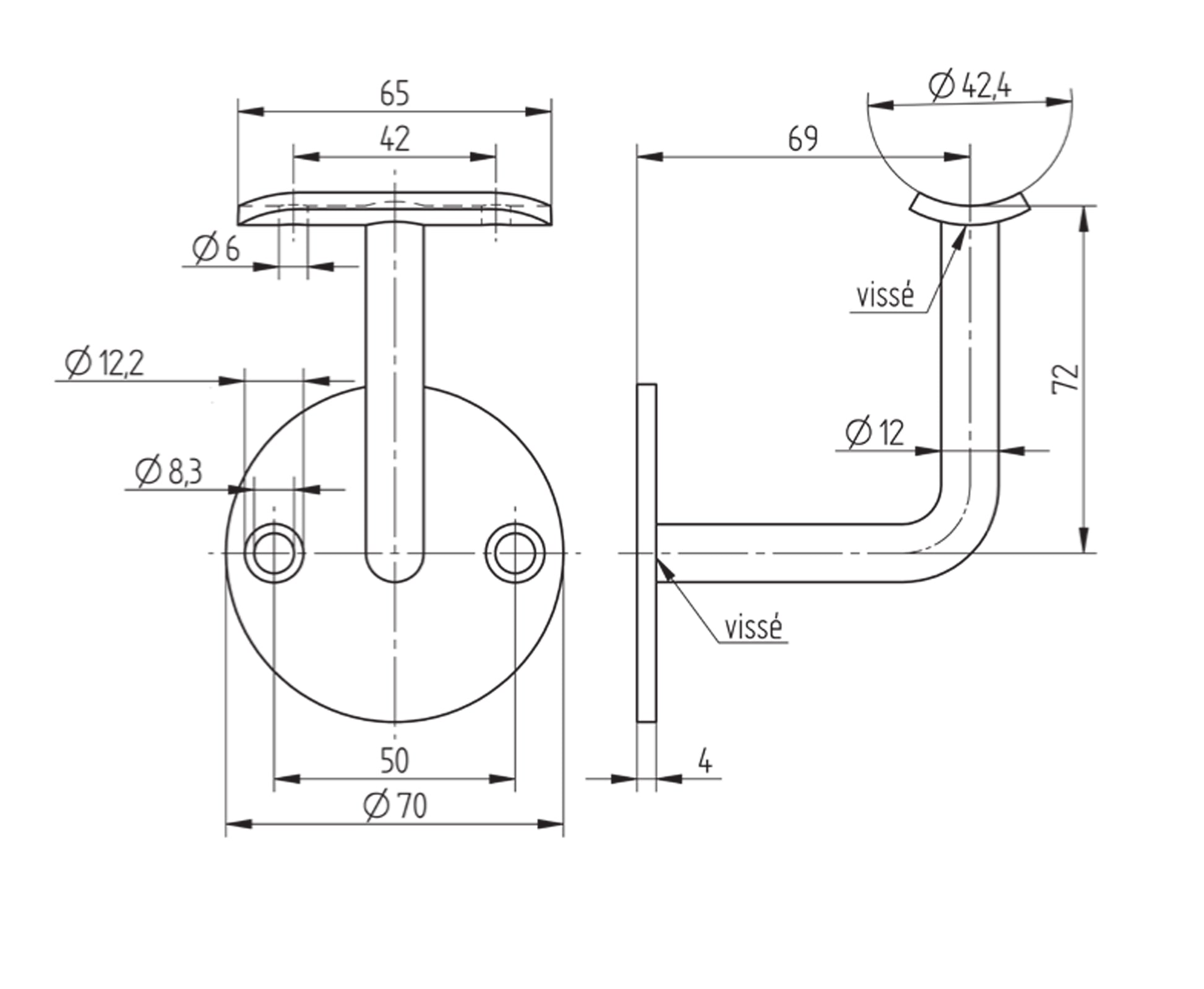 Support de Main Courante Inox – Support sol platine – Ref. 23 - schema