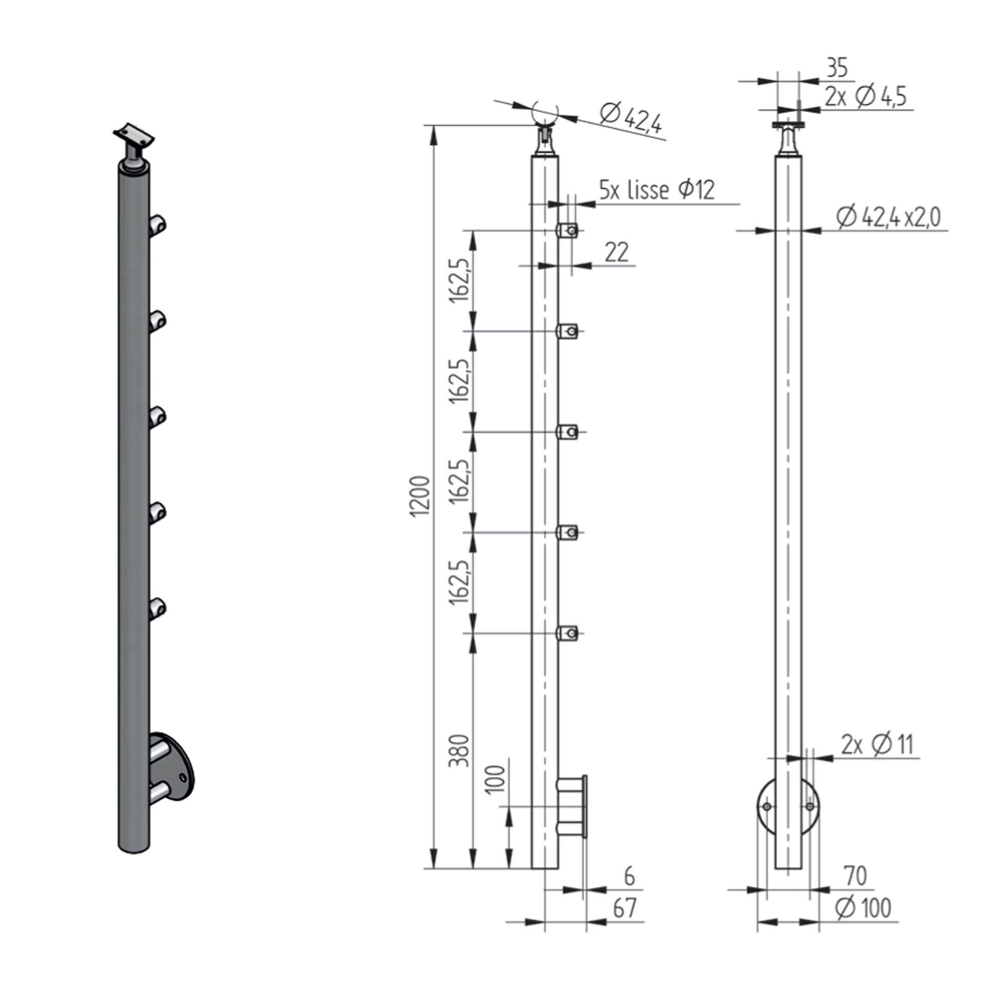 Poteau 5 Lisses Fixation Latérale Inox – Ref. 40 - photo