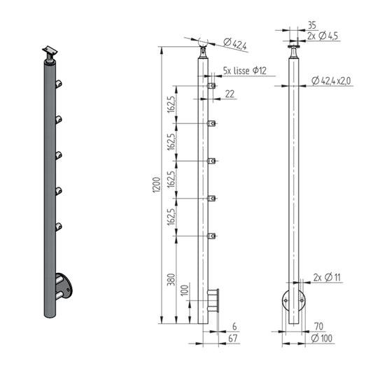 Poteau 5 Lisses Fixation Latérale Inox – Ref. 40 - photo