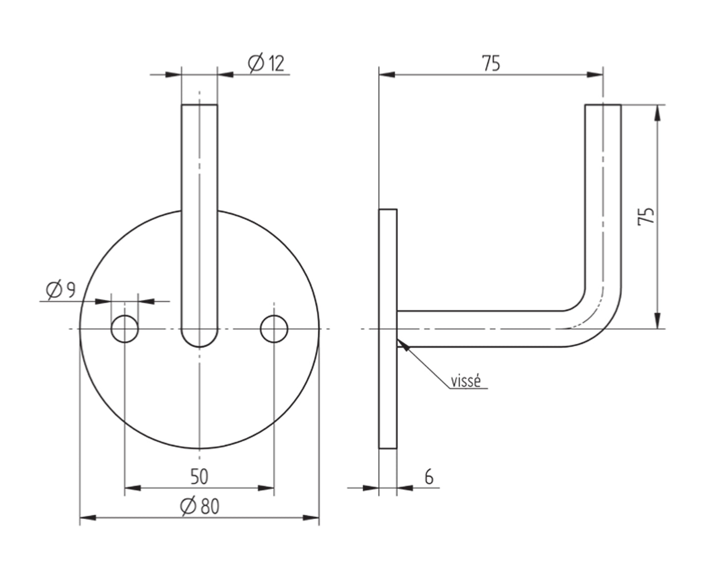 Support de Main Courante Inox – Support mural angle 45° – Ref. 14 - schema