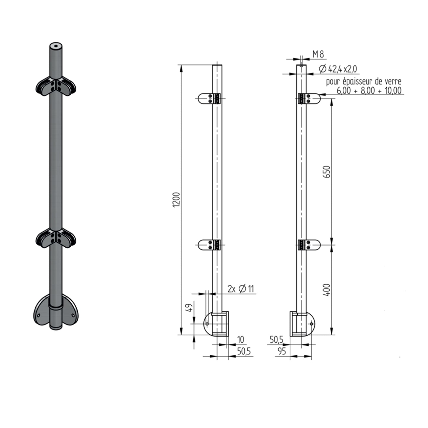 Poteau d'Extrémité Pinces Verre Fixation Lat. Inox – Ref. 45 - photo