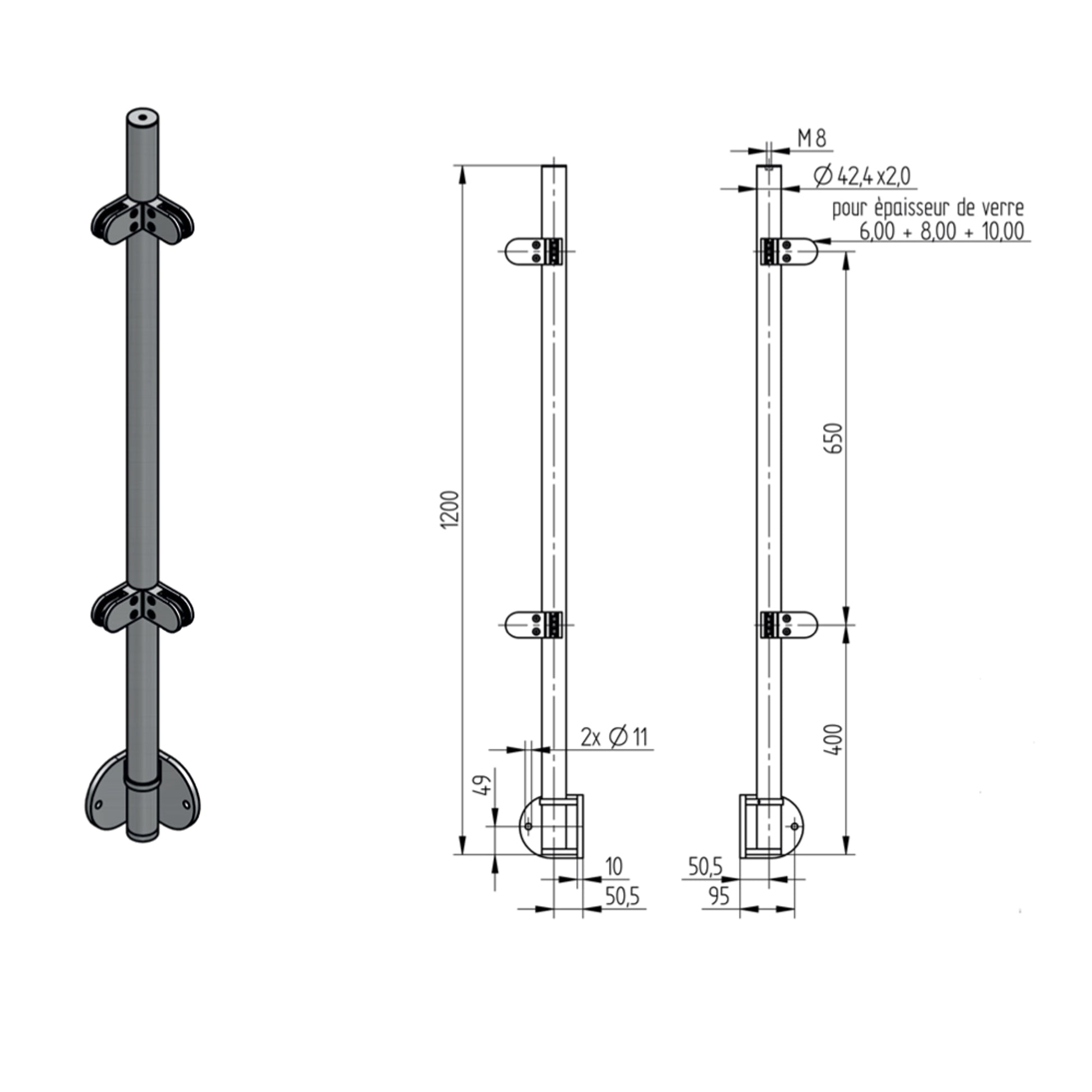 Poteau d'Extrémité Pinces Verre Fixation Lat. Inox – Ref. 45 - photo