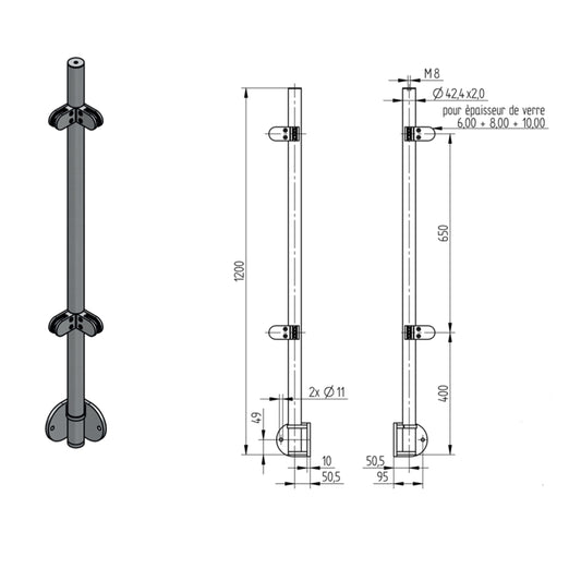 Poteau d'Extrémité Pinces Verre Fixation Lat. Inox – Ref. 45 - photo