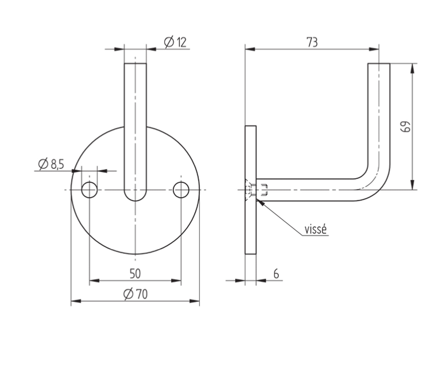 Support de Main Courante Inox – Support mural angle droit – Ref. 13 - schema