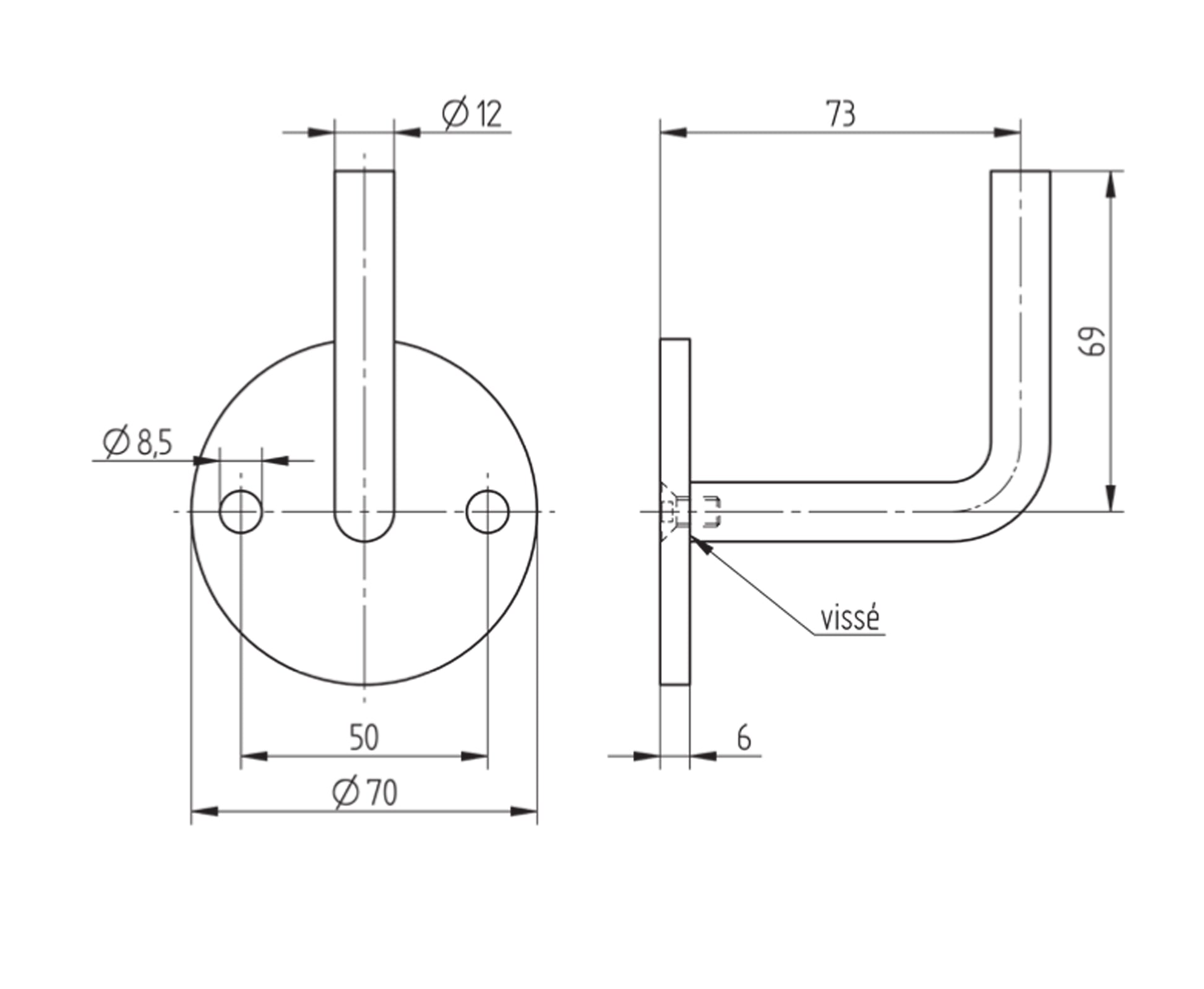 Support de Main Courante Inox – Support mural angle droit – Ref. 13 - schema