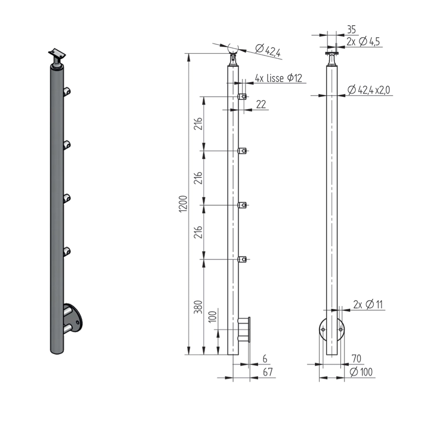 Poteau 4 Lisses Fixation Latérale Inox – Ref. 39 - photo