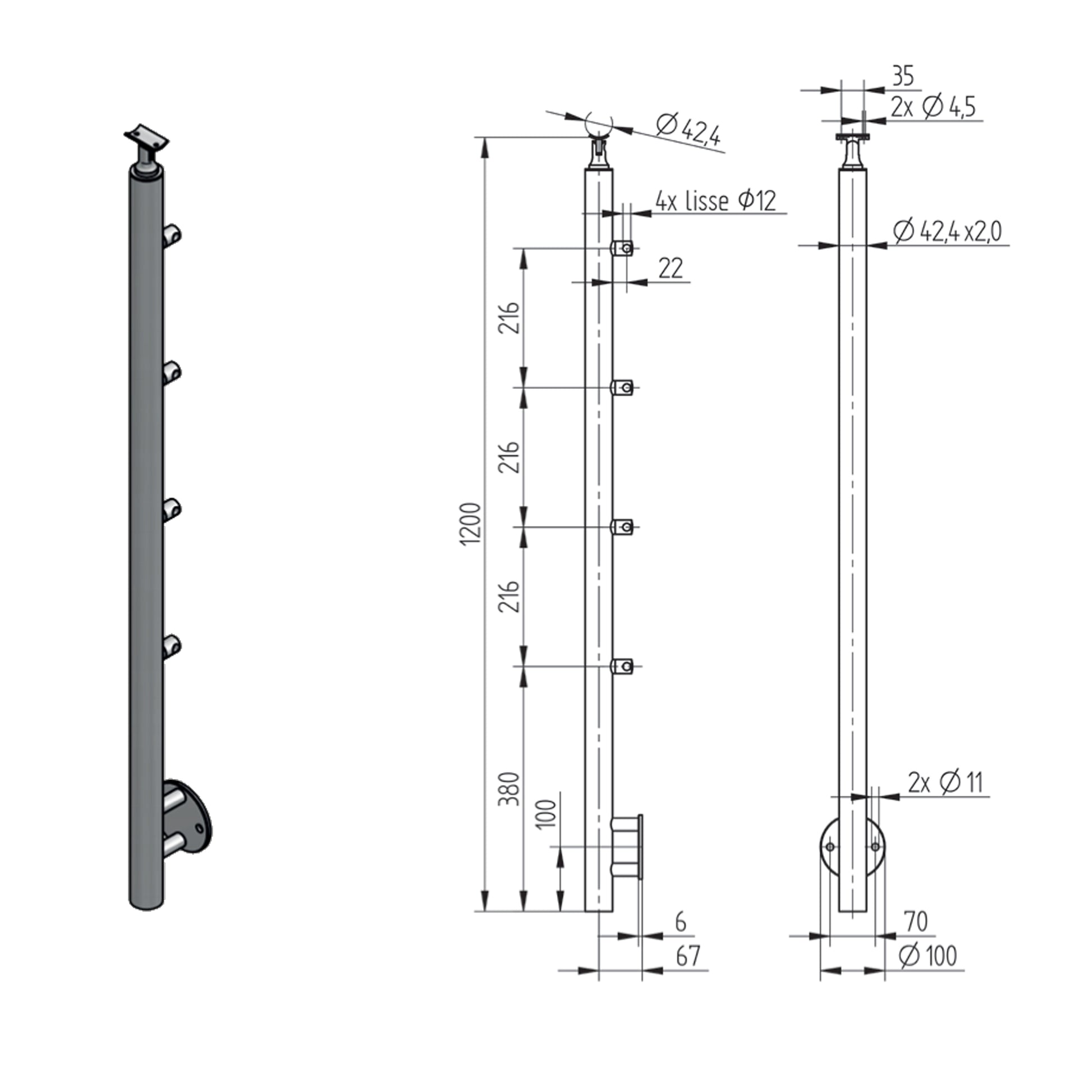 Poteau 4 Lisses Fixation Latérale Inox – Ref. 39 - photo
