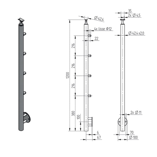 Poteau 4 Lisses Fixation Latérale Inox – Ref. 39 - photo