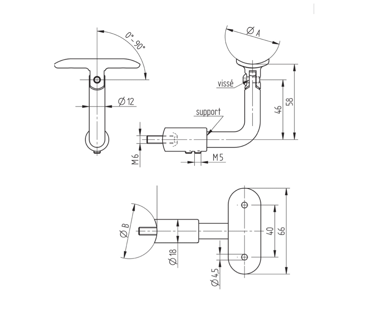 Support de Main Courante Inox – Support push – Ref. 38 - schema
