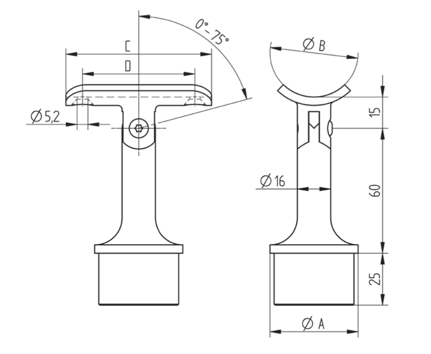 Support de Main Courante Inox – Support saillie – Ref. 56 - schema