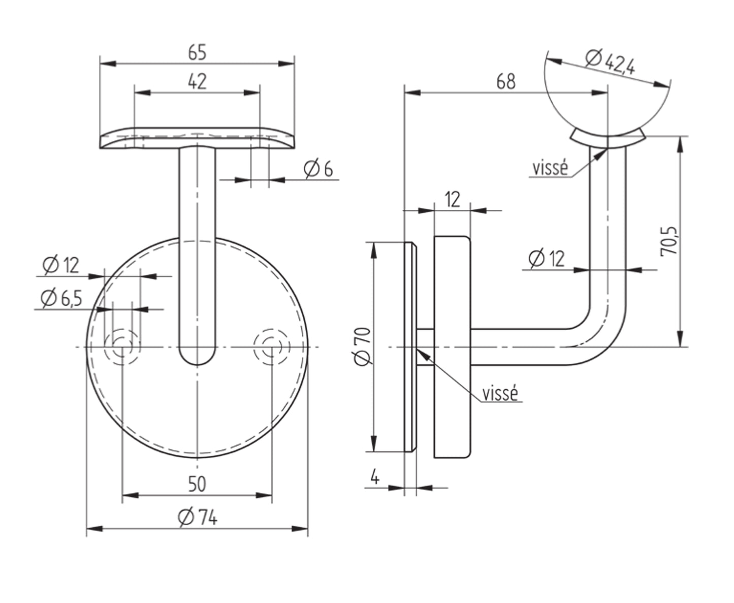 Support de Main Courante Inox – Support intermédiaire carré – Ref. 29 - schema