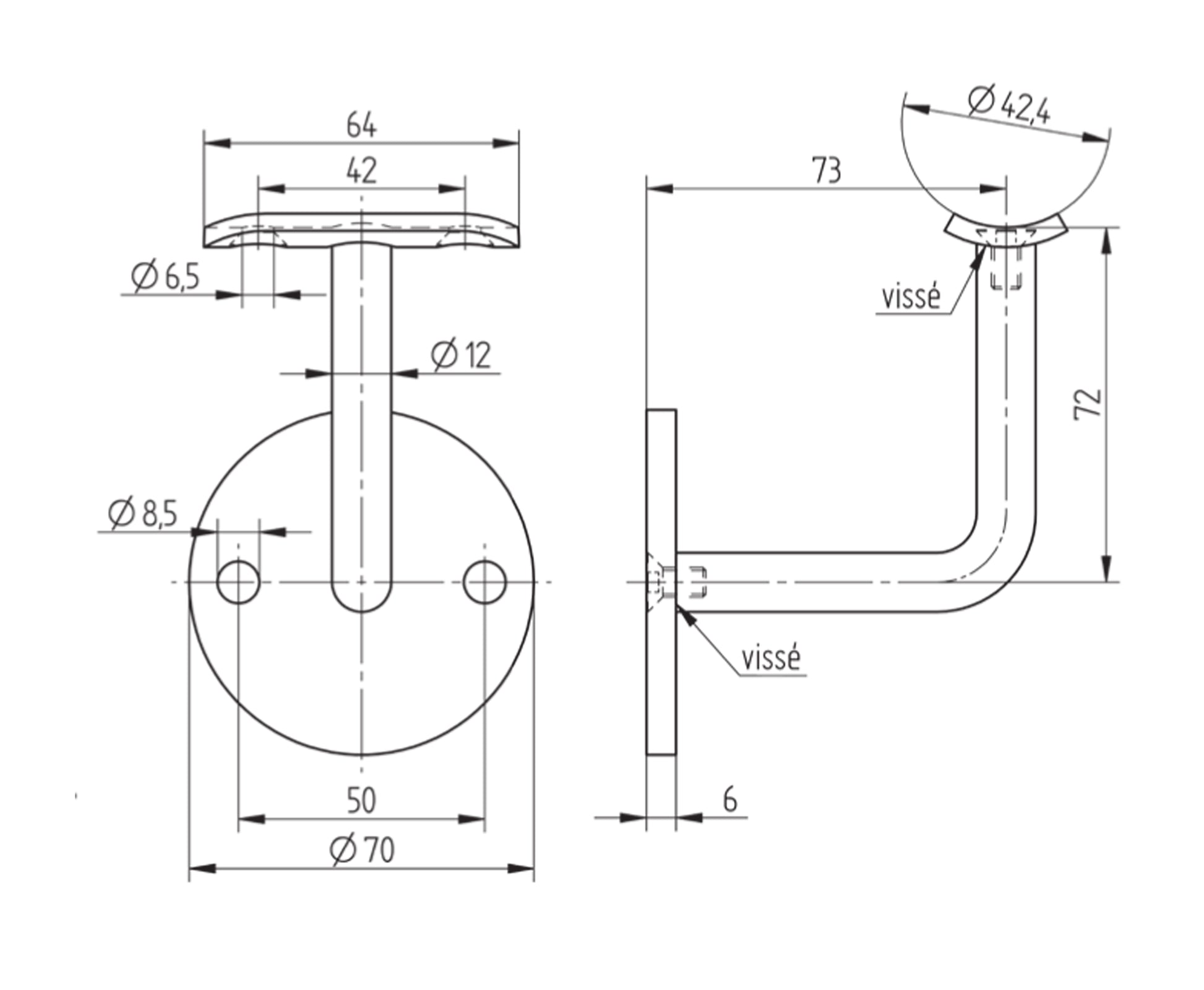 Support de Main Courante Inox – Support sol articulé – Ref. 25 - schema