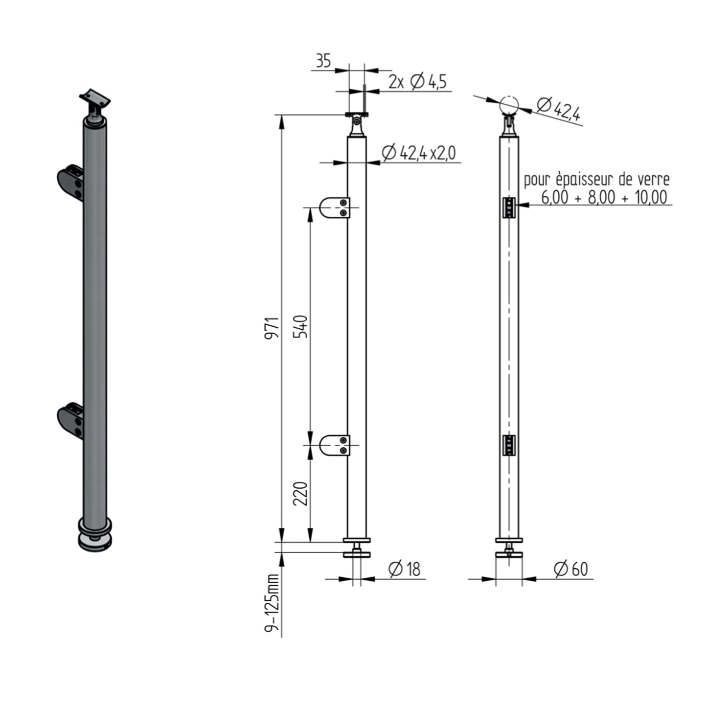 Poteau d'Extrémité Escalier Inox – Ref. 36 - photo