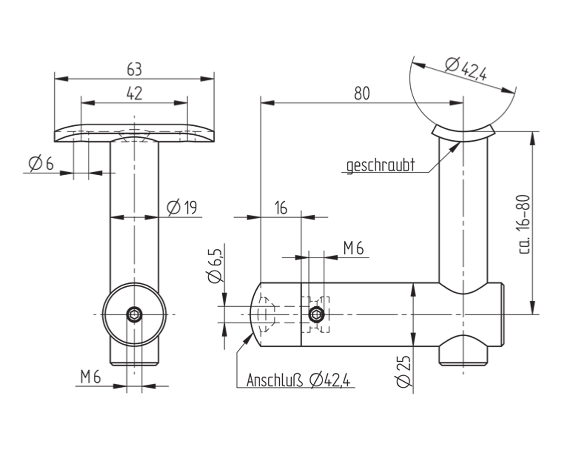Support de Main Courante Inox – Support encastré – Ref. 36 - schema