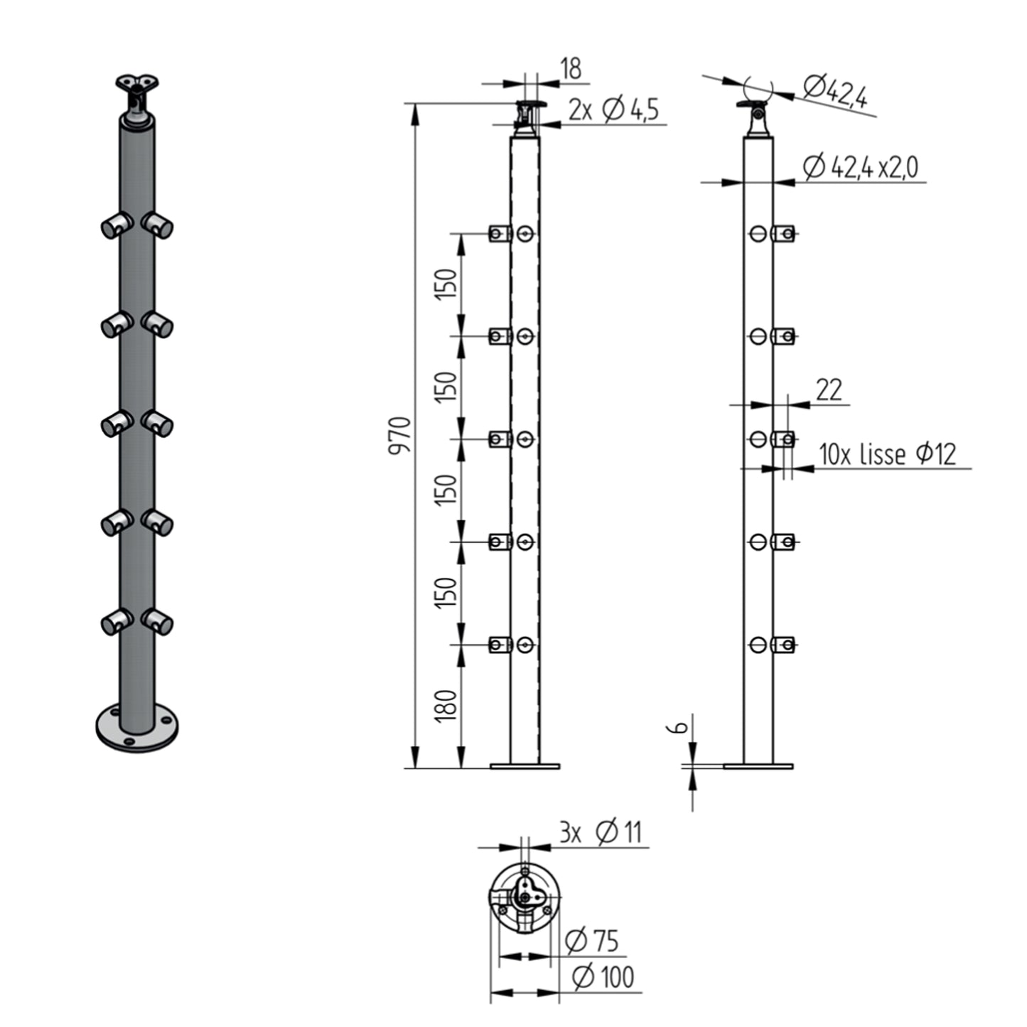 Poteau d'Angle 3 Lisses Inox – Ref. 12 - photo