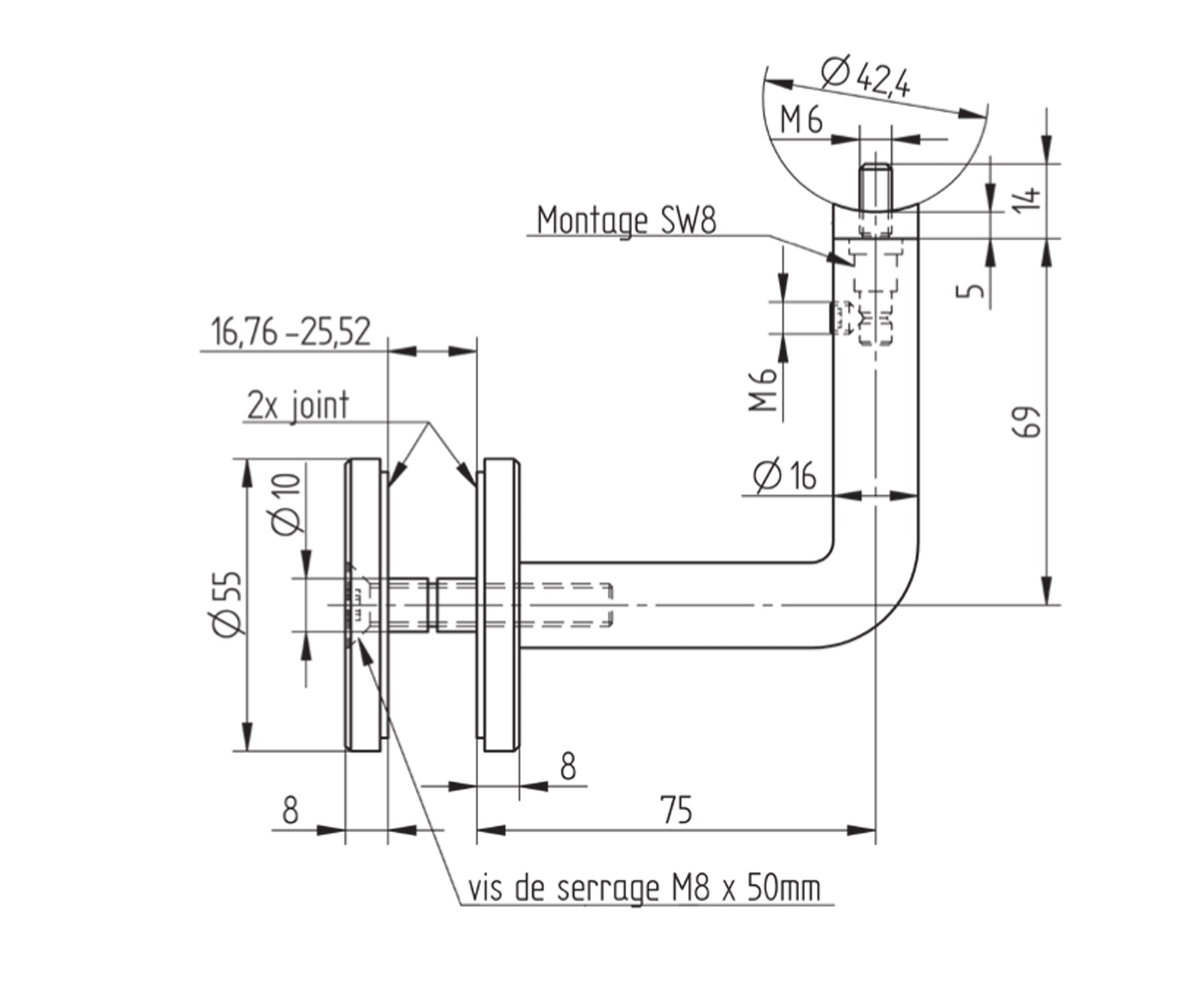 Support de Main Courante Inox – Support escalier angle – Ref. 42 - schema