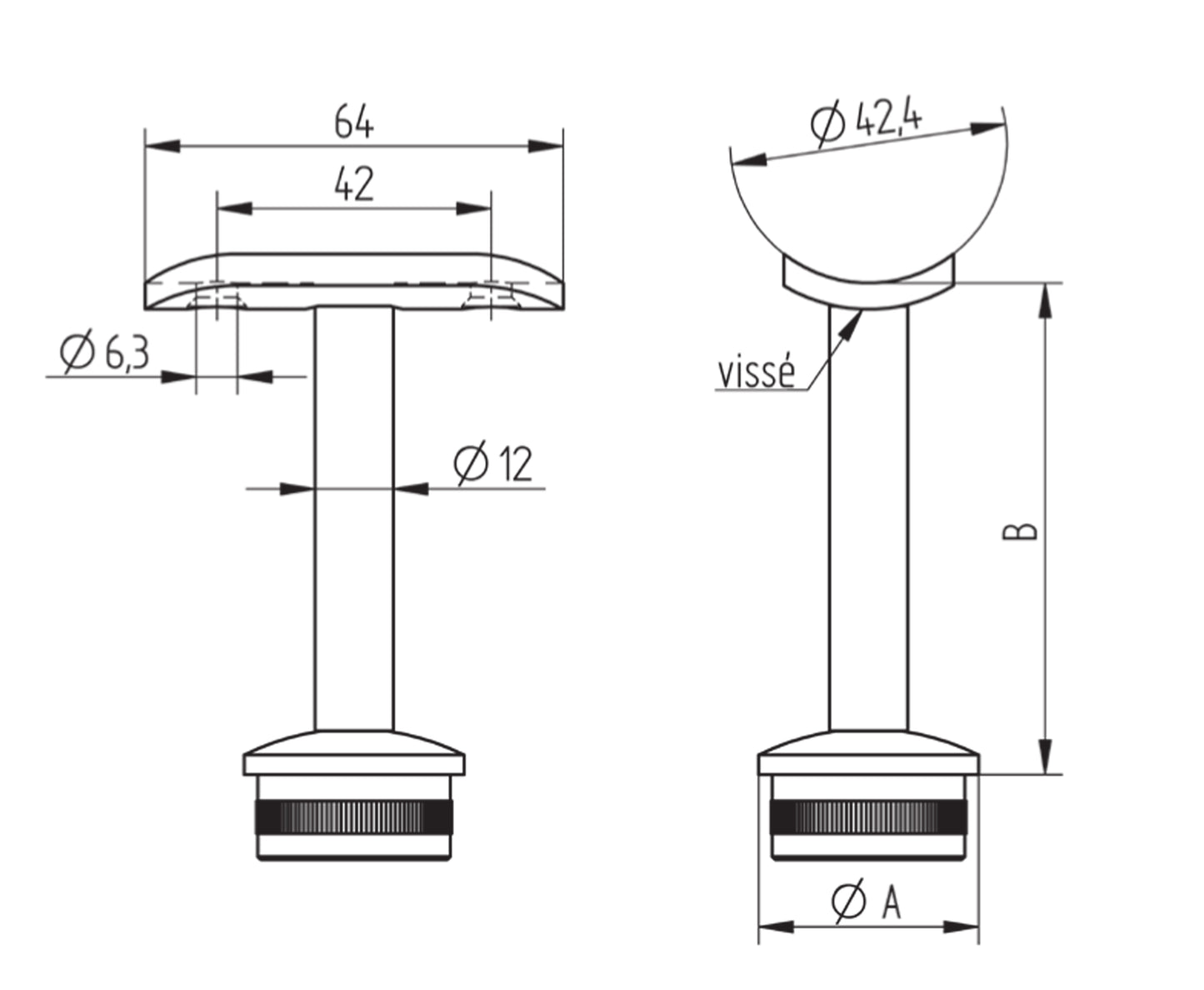 Support de Main Courante Inox – Support marin AISI316 – Ref. 47 - schema