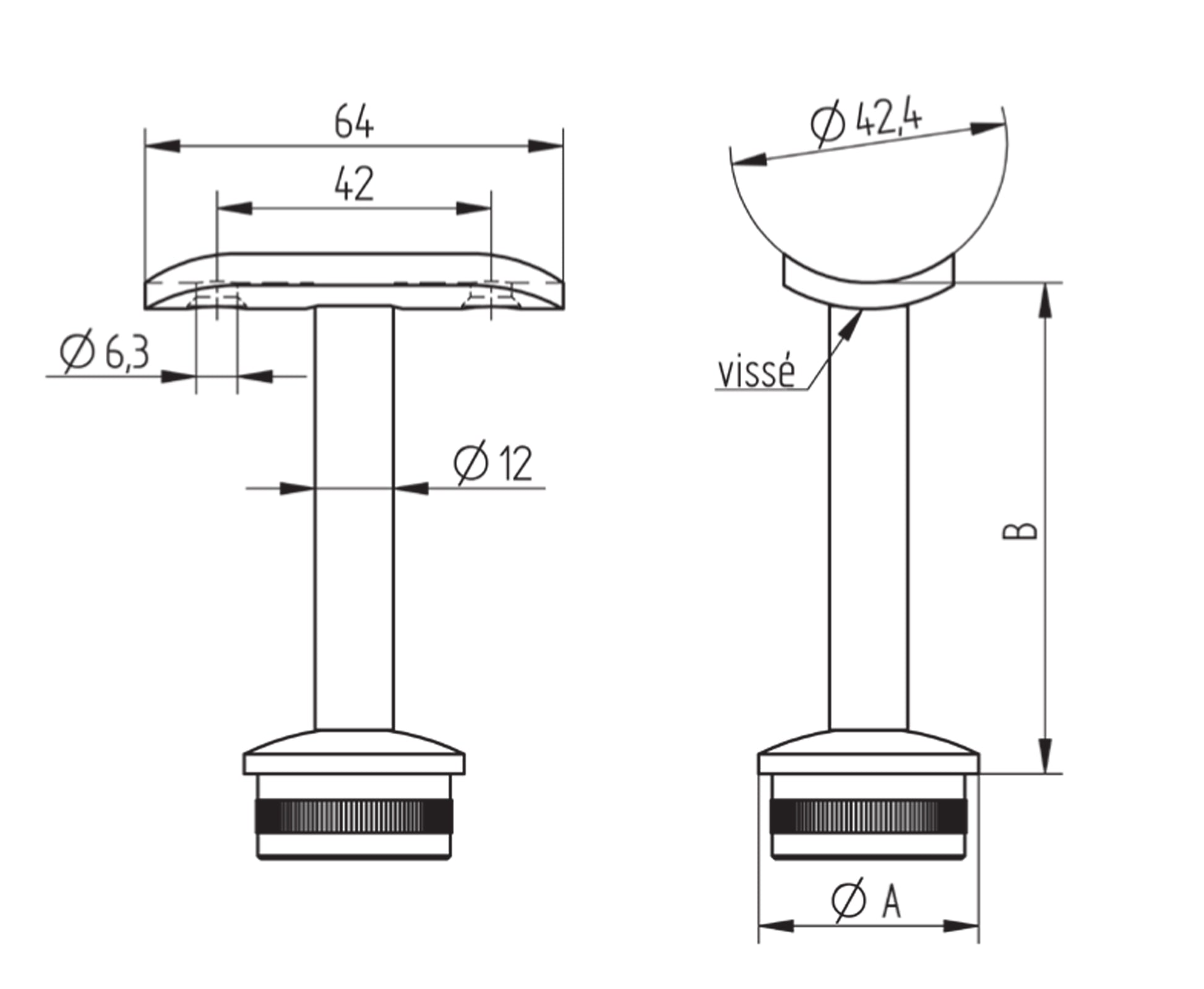 Support de Main Courante Inox – Support marin AISI316 – Ref. 47 - schema