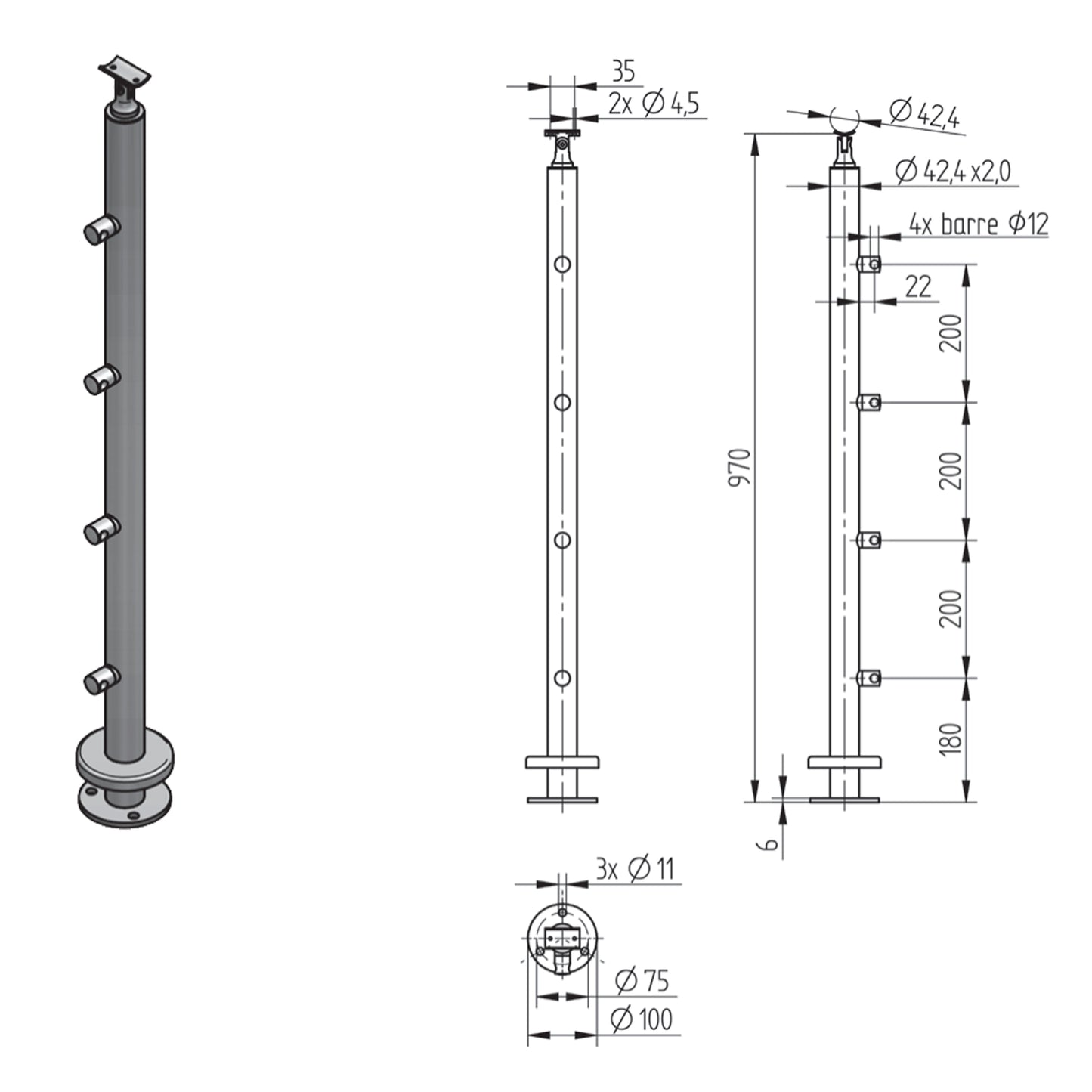 Poteau 4 Lisses Inox – Ref. 09 - photo