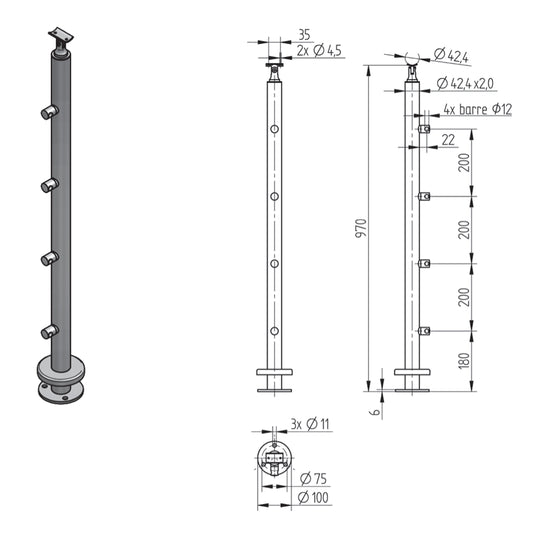 Poteau 4 Lisses Inox – Ref. 09 - photo