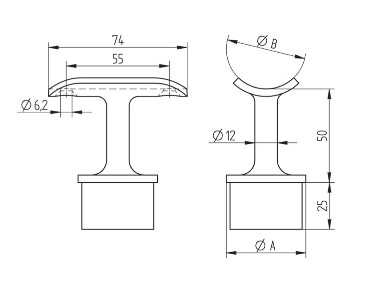 Support de Main Courante Inox – Support avec rosace ronde – Ref. 52 - schema