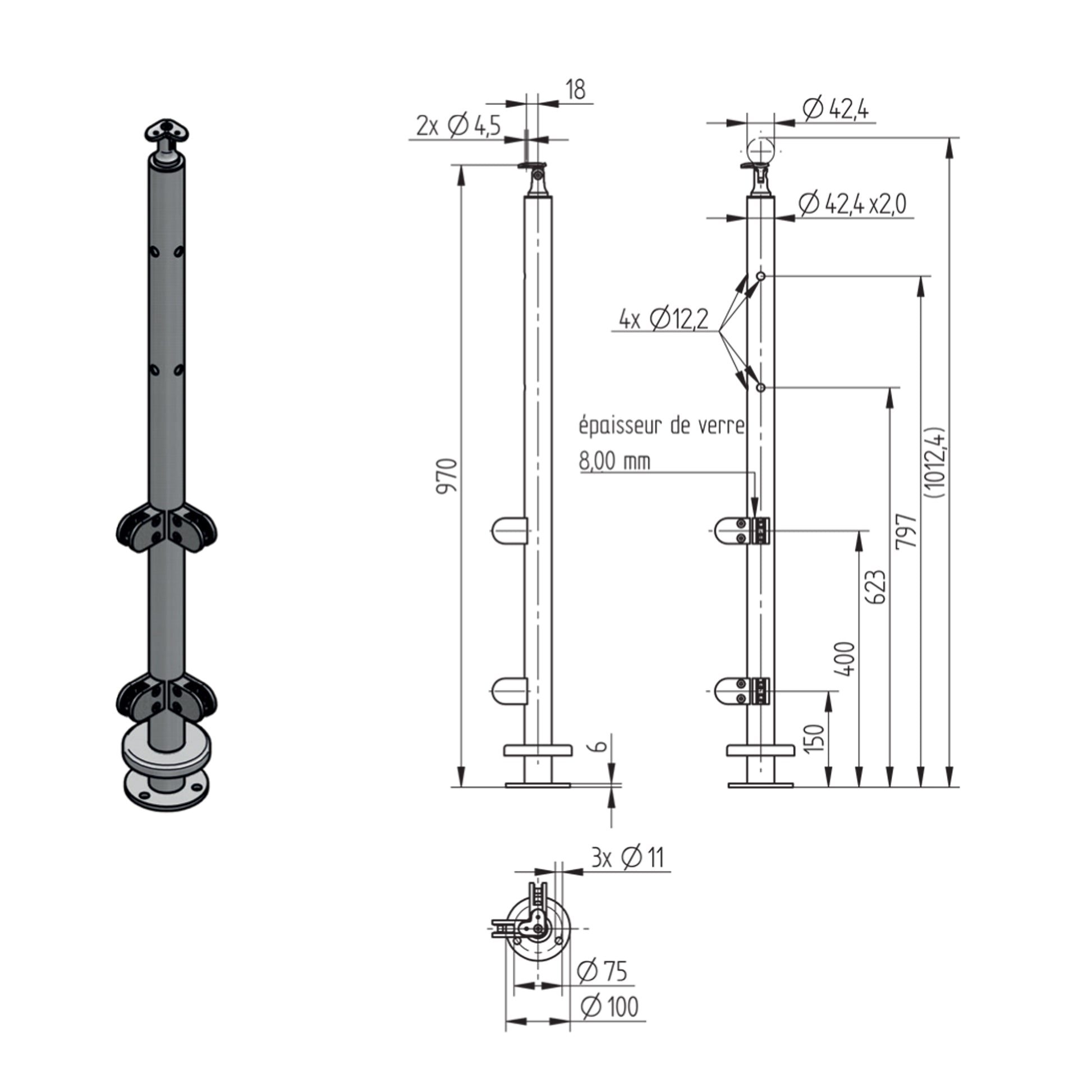 Poteau d'Angle Câble 4mm Inox – Ref. 26 - photo
