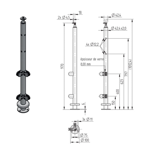 Poteau d'Angle Câble 4mm Inox – Ref. 26 - photo