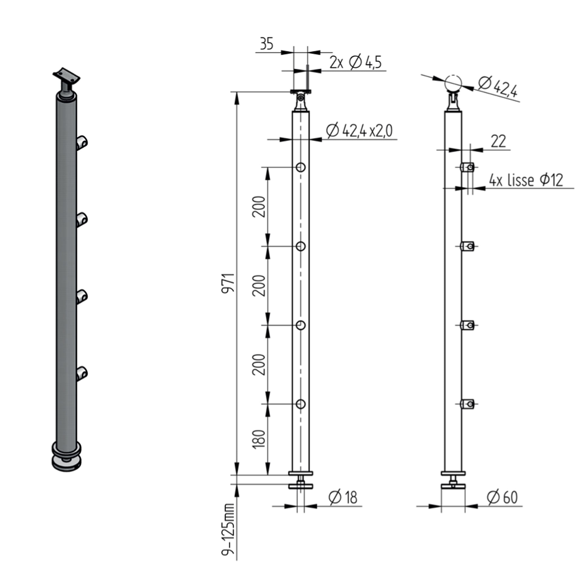 Poteau sur Marche 4 Lisses Inox – Ref. 34 - photo